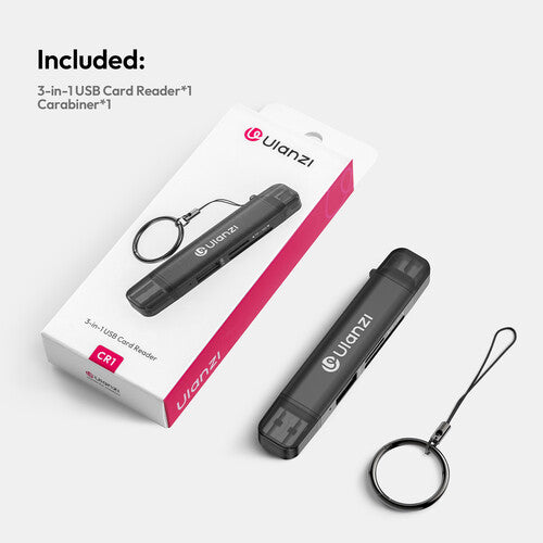 Ulanzi 3-in-1 USB card reader with carabiner on a white background