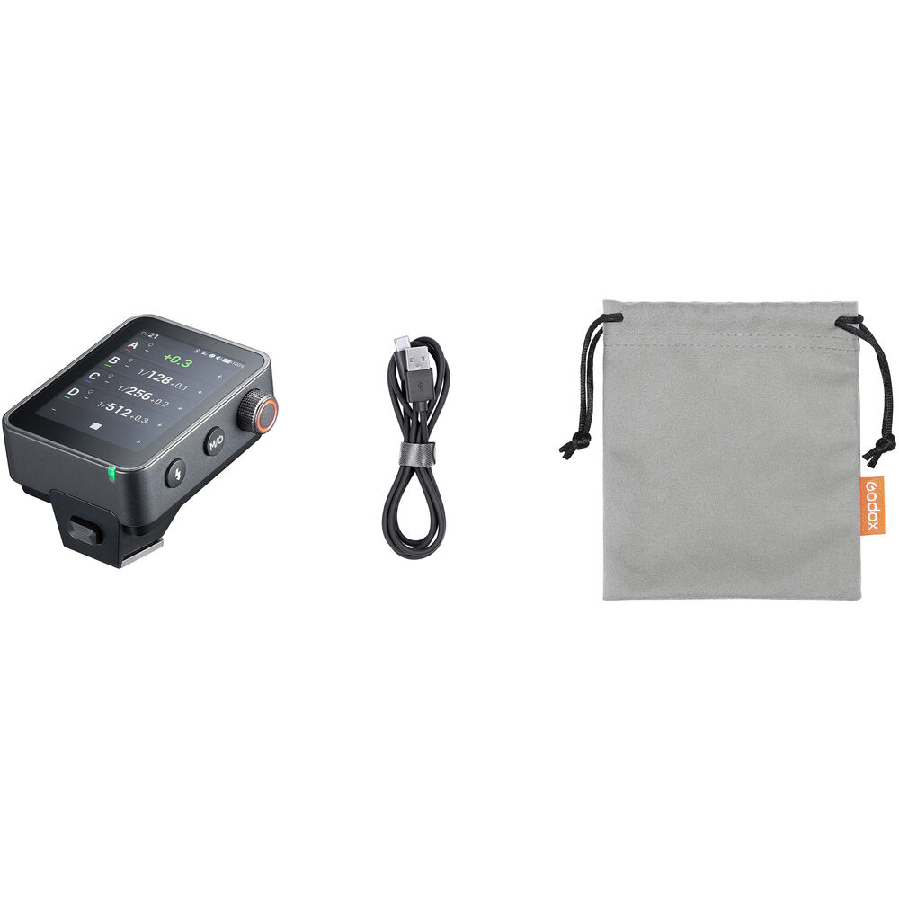 Godox X3Pro Touchscreen TTL Wireless Flash Trigger with USB cable and gray carrying pouch on a white background