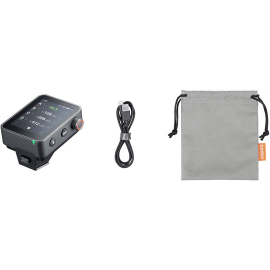 Godox X3Pro Touchscreen TTL Wireless Flash Trigger with USB cable and gray carrying pouch on a white background