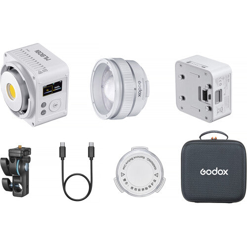 Collection of Godox photography equipment including lights and accessories on a white background