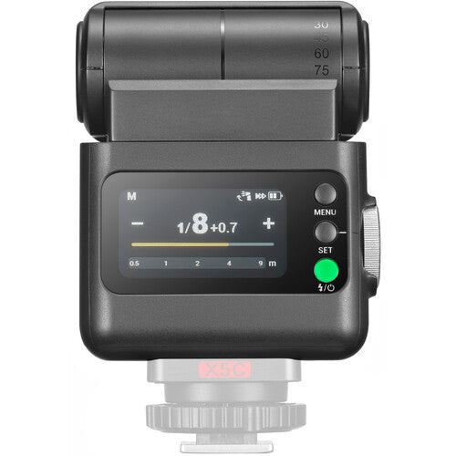 Camera flash unit with digital display on a white background