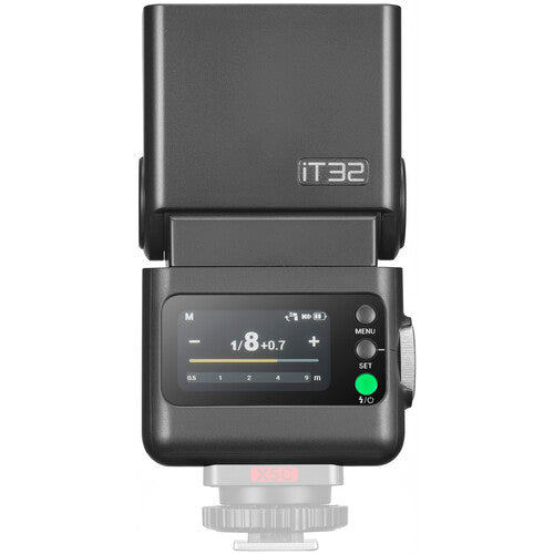 Godox iT32 & X5 camera flash with digital display on a white background