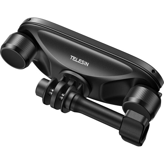 A black Telesin camera mounting bracket with textured knurled adjustment knobs and a quick-release base, shown on a solid white background.
