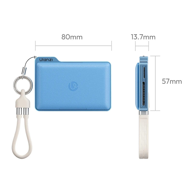 Blue portable card case shown from front and side views with dimension labels: 80mm width, 13.7mm depth, and 57mm height, plus a white wrist strap and key ring.