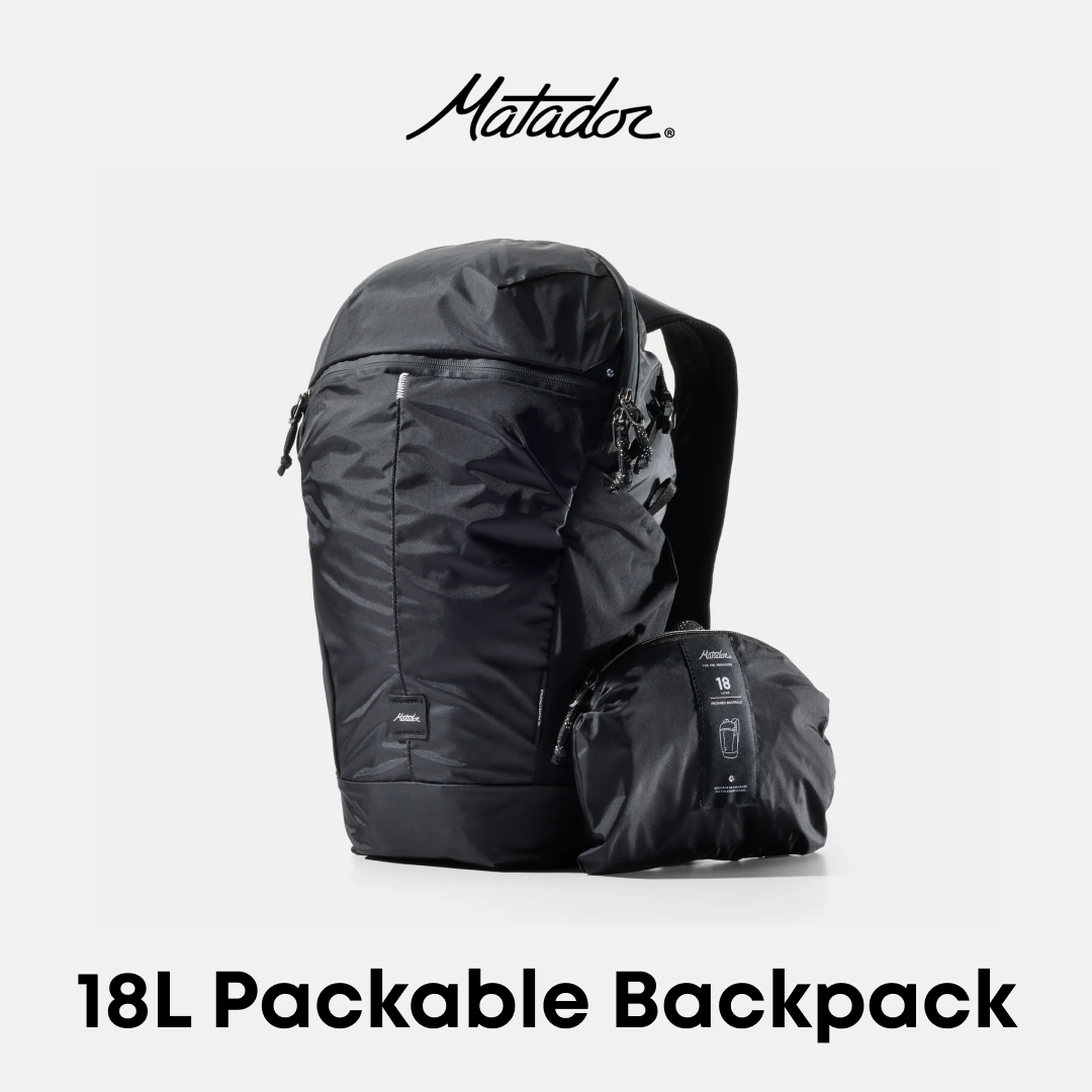 Matador 18L packable backpack shown in black on a light gray background, with the brand name &