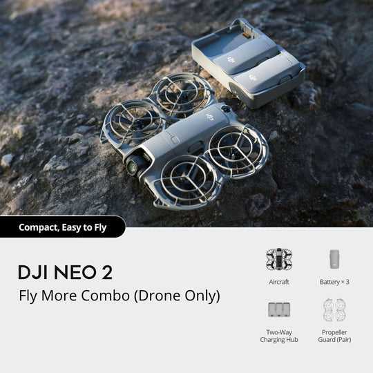 DJI NEO 2 drone on a rocky surface with product details below.