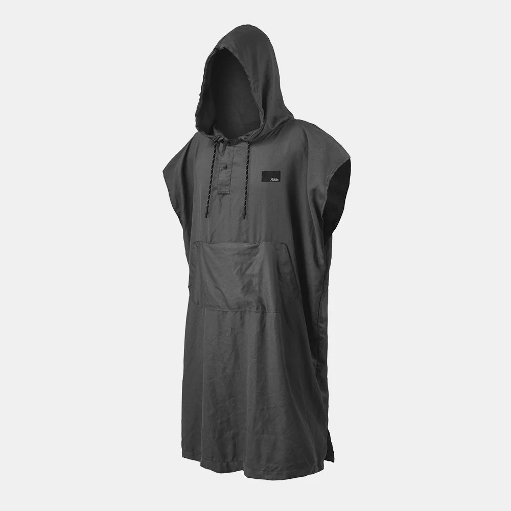 Dark gray hooded poncho on a light gray background