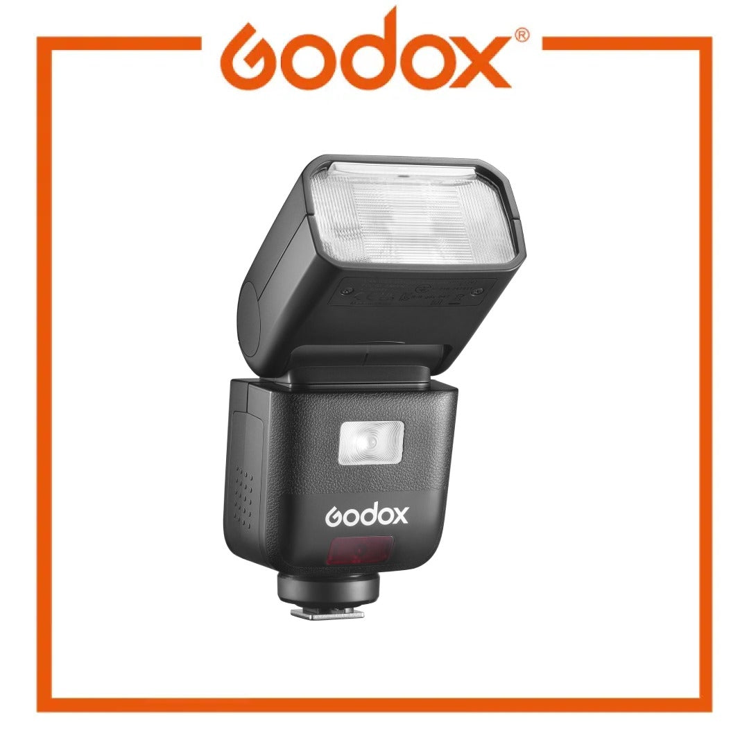 Godox camera flash on a white background with Godox logo above