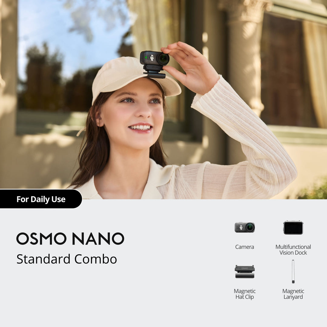 Woman wearing a cap with a camera attached, outdoors.
