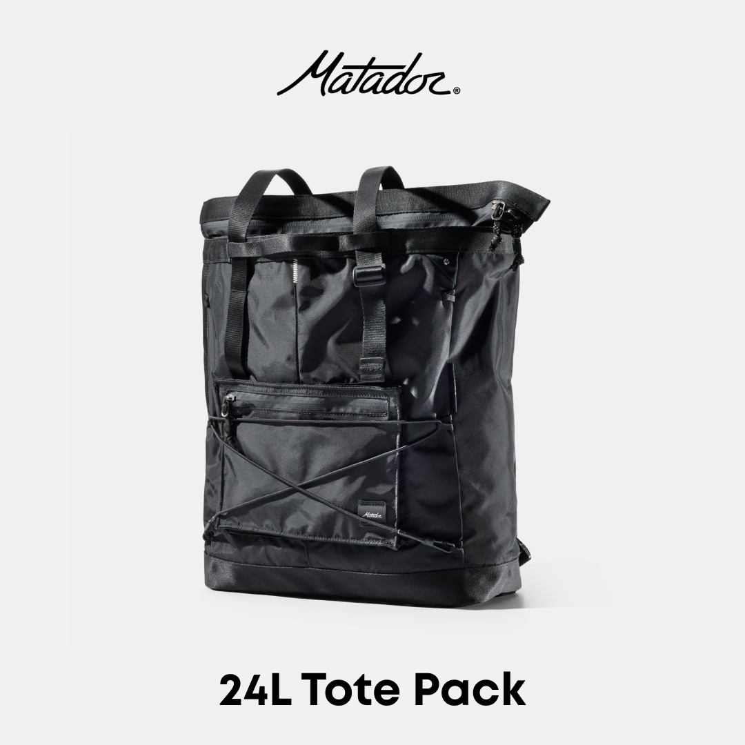 A black Matador 24L Tote Pack backpack shown on a light gray background with the Matador logo at the top and &