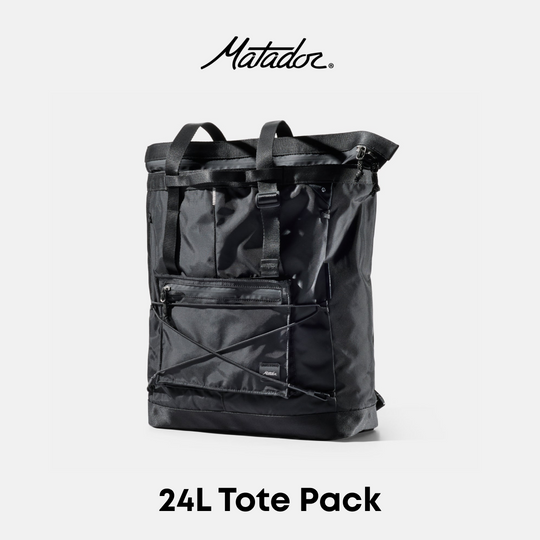 A black Matador 24L Tote Pack backpack shown on a light gray background with the Matador logo at the top and &