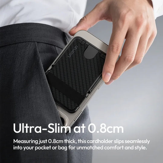 Person holding a ultra-thin cardholder with text highlighting its thinness.