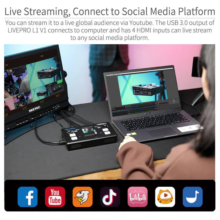 FeelWorld LIVEPRO L1 多机位视频切换器，带 4 个 HDMI 输入和 USB 流媒体
