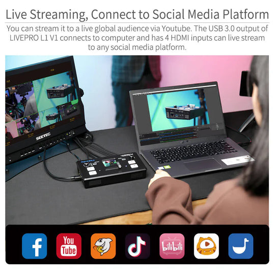 FeelWorld LIVEPRO L1 多机位视频切换器，带 4 个 HDMI 输入和 USB 流媒体