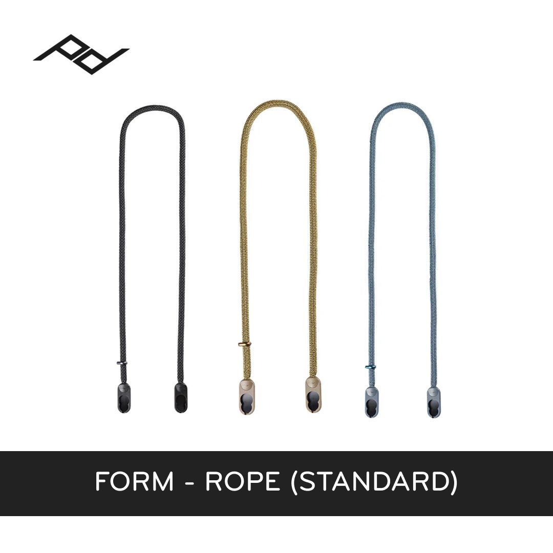 Three rope lanyards in black, beige, and gray on a white background with a peak design brand logo.