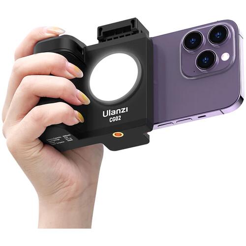 Hand holding a smartphone with Ulanzi CG-02 Smartphone Camera Grip Holder on a white background