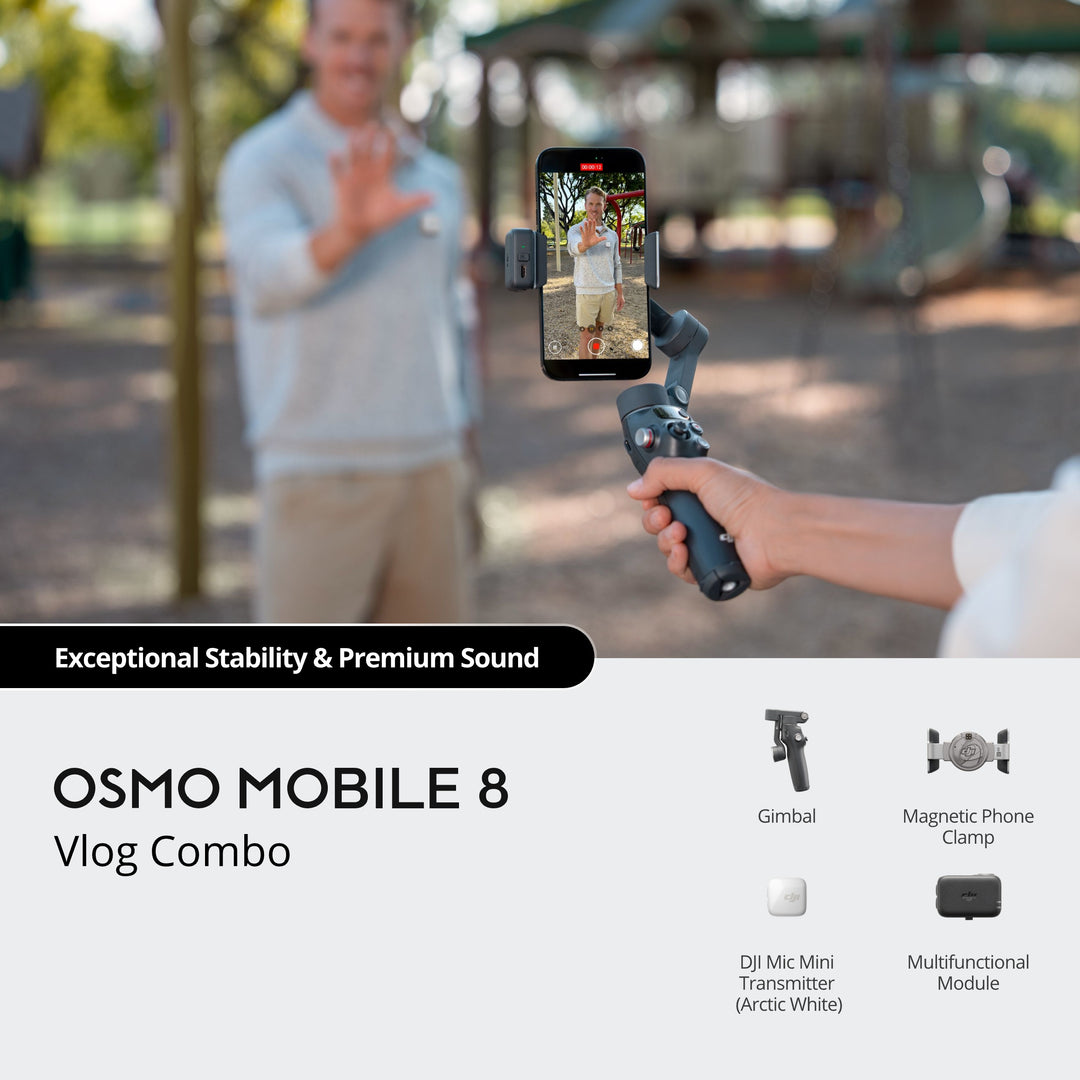 Person holding a smartphone with a gimbal stabilizer in an outdoor setting, featuring text about the Osmo Mobile 8 Vlog Combo.