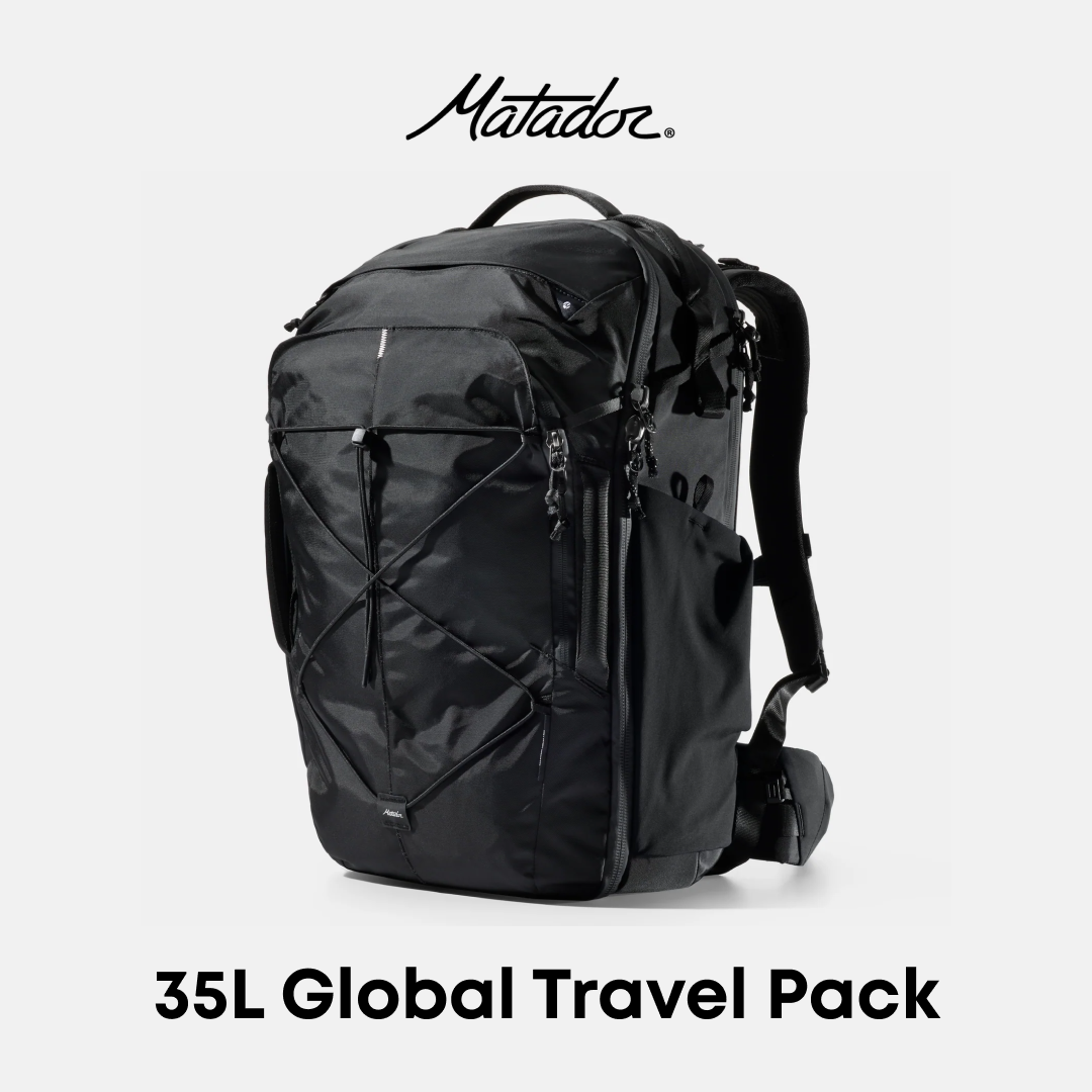 A black Matador 35L Global Travel Pack backpack shown on a light gray background with the Matador logo at the top and '35L Global Travel Pack' text at the bottom.
