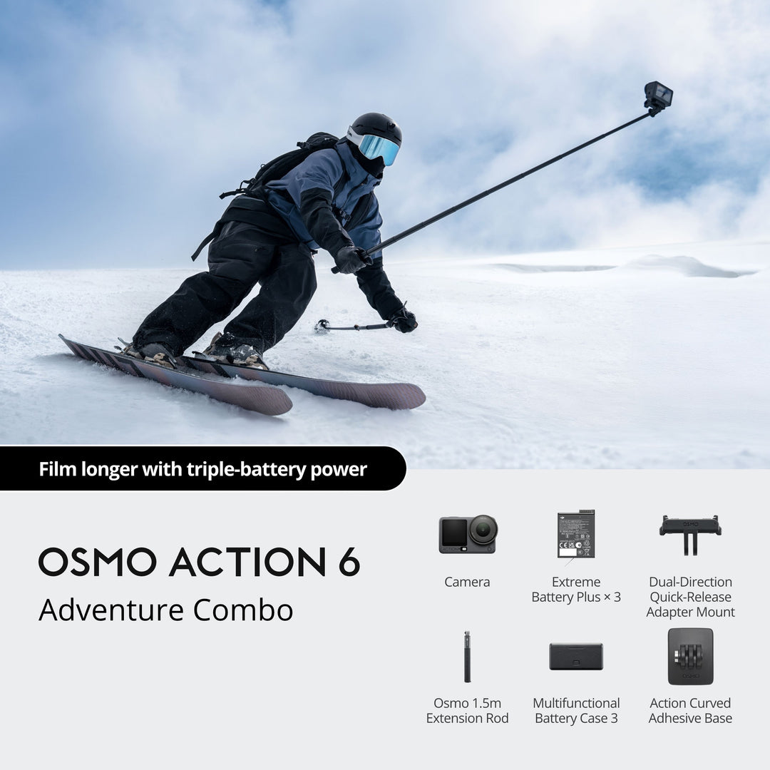 Person skiing with Osmo Action 6 equipment on a snowy background