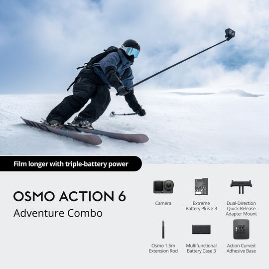 Person skiing with Osmo Action 6 equipment on a snowy background