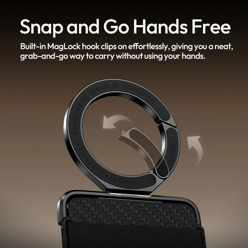 Black magnetic phone holder with text on a brown background