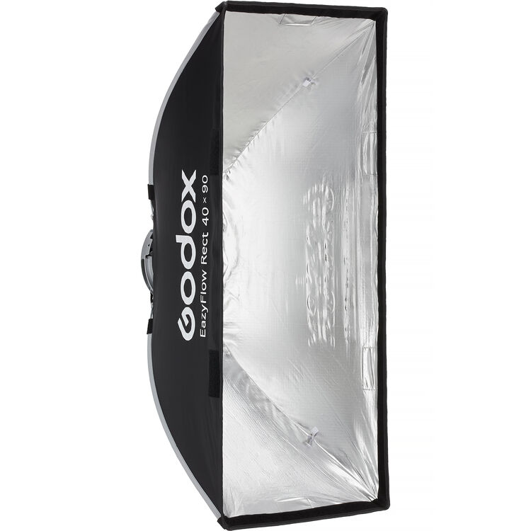 3/4 view of Godox EazyFlow Rect 40 x 90 Foldable Softbox with reflective interior on white background