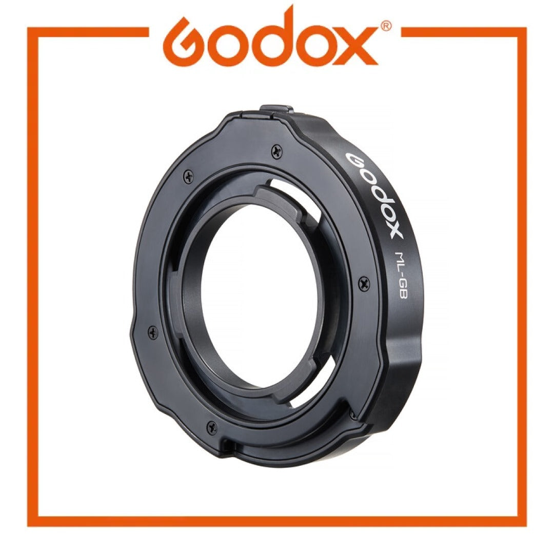 Black lens mount adapter with 'Godox' branding on a white background