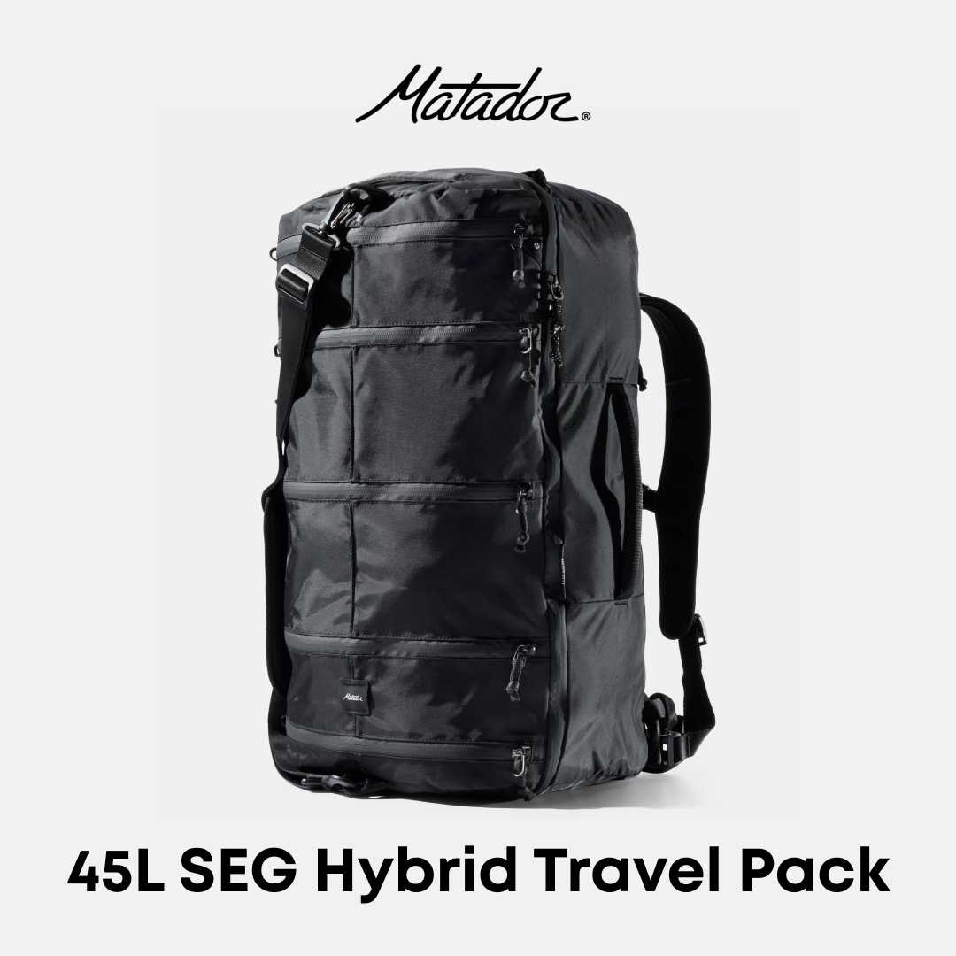 Matador 45L SEG Hybrid Travel Pack backpack in black, shown from a three-quarter front view on a light gray background with the brand name &