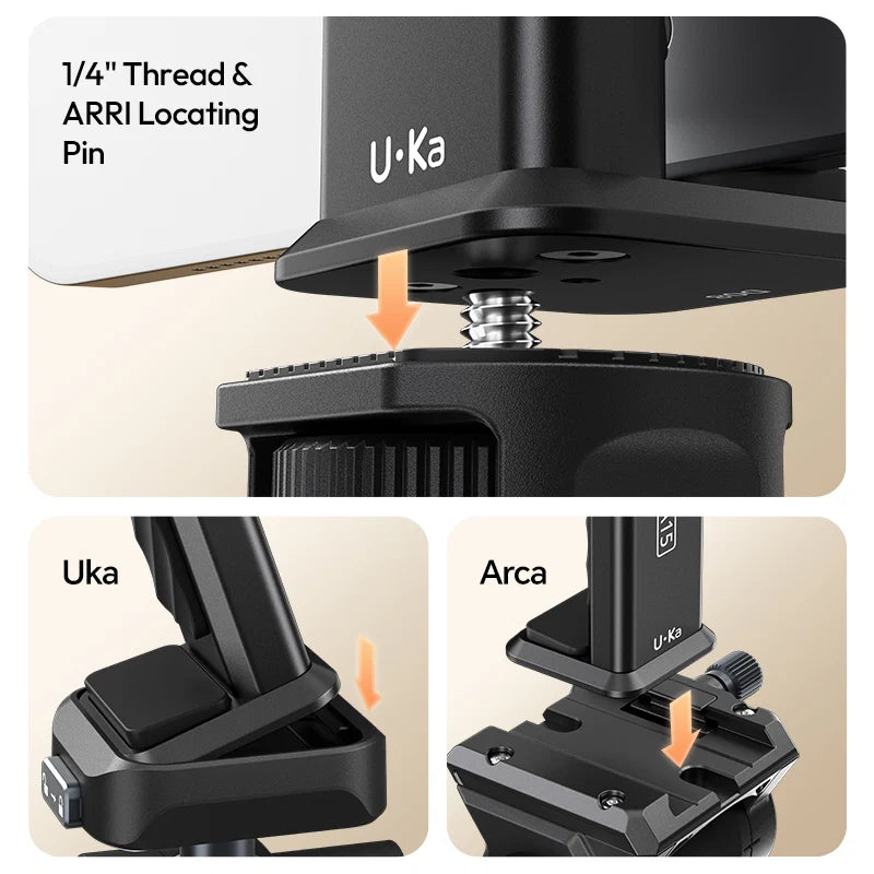 Close-up of camera mount hardware with U.Ka branding and technical details.