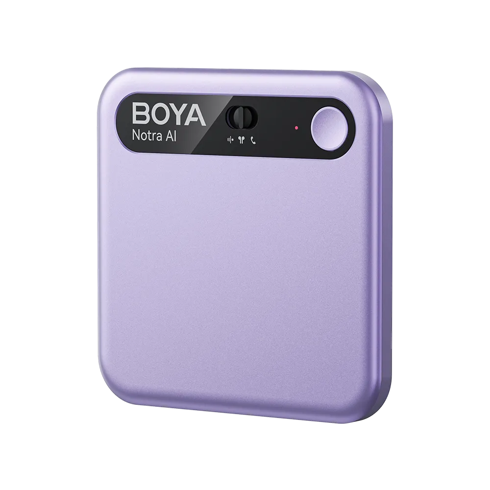 Purple audio recorder with 'BOYA' branding on a white background
