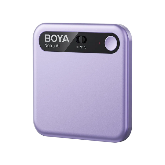 Purple audio recorder with 'BOYA' branding on a white background