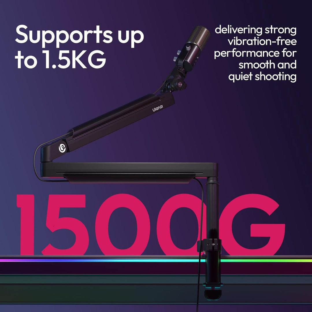 Ulanzi ZJ05 Microphone Boom Arm Table Clamp with text highlighting weight support and performance on a purple background