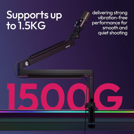 Ulanzi ZJ05 Microphone Boom Arm Table Clamp with text highlighting weight support and performance on a purple background