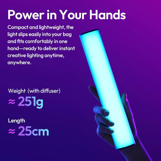 Light blue cylindrical product held in a hand against a purple background with text about its features.