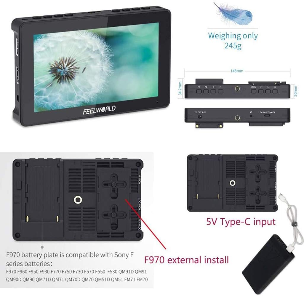 FeelWorld F5 PRO V2 5.5英寸触摸屏 3D LUT 4K HDMI 输入输出 HDMI 机上监视器