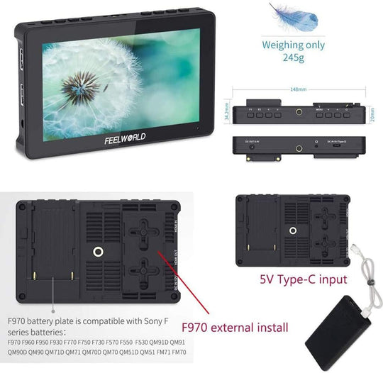 FeelWorld F5 PRO V2 5.5英寸触摸屏 3D LUT 4K HDMI 输入输出 HDMI 机上监视器