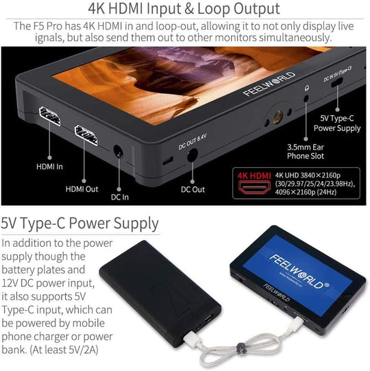 FeelWorld F5 PRO V2 5.5英寸触摸屏 3D LUT 4K HDMI 输入输出 HDMI 机上监视器