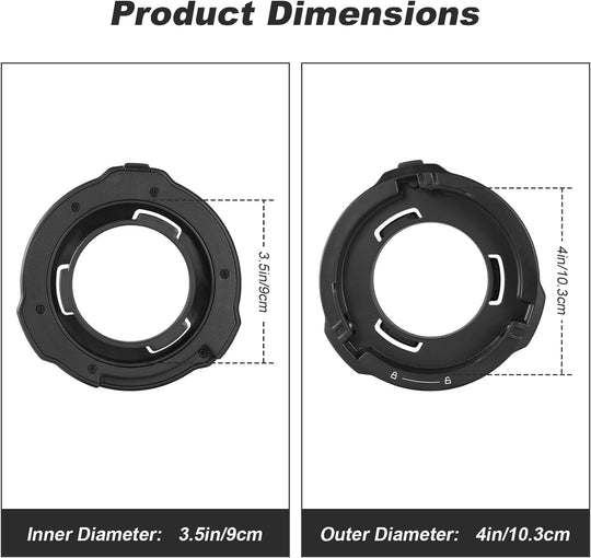 Black circular product with dimensions labeled on a white background
