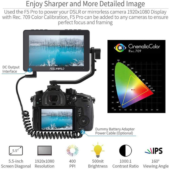 FeelWorld F5 PRO V2 5.5英寸触摸屏 3D LUT 4K HDMI 输入输出 HDMI 机上监视器