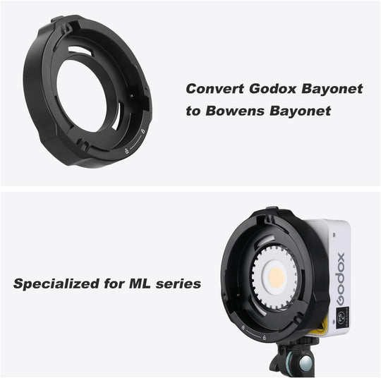 Godox camera lens adapter for converting Godox Bayonet to Bowens Bayonet, specialized for ML series.