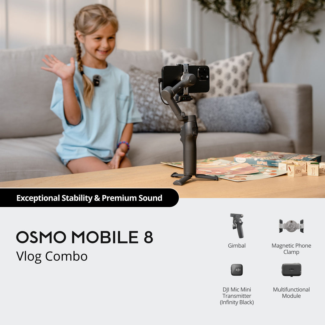 Child using a smartphone with a gimbal stabilizer in a living room setting, featuring text about the Osmo Mobile 8 Vlog Combo.