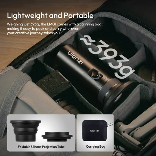 Ulanzi LM01 device with carrying bag and accessories in a case, emphasizing portability.