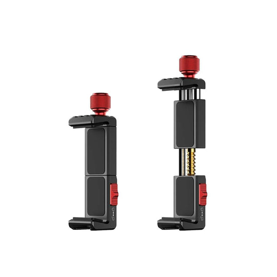 Two smartphone holders with red accents on a white background