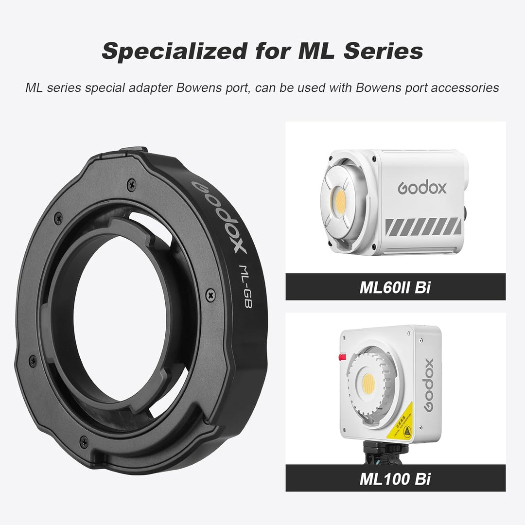 Godox ML series adapter and lights with text on a white background