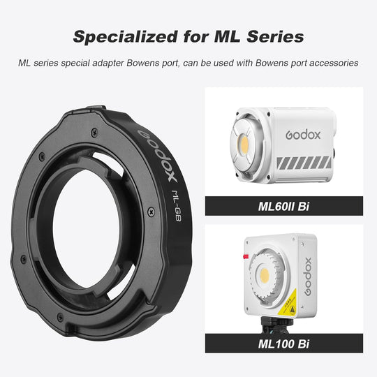 Godox ML series adapter and lights with text on a white background