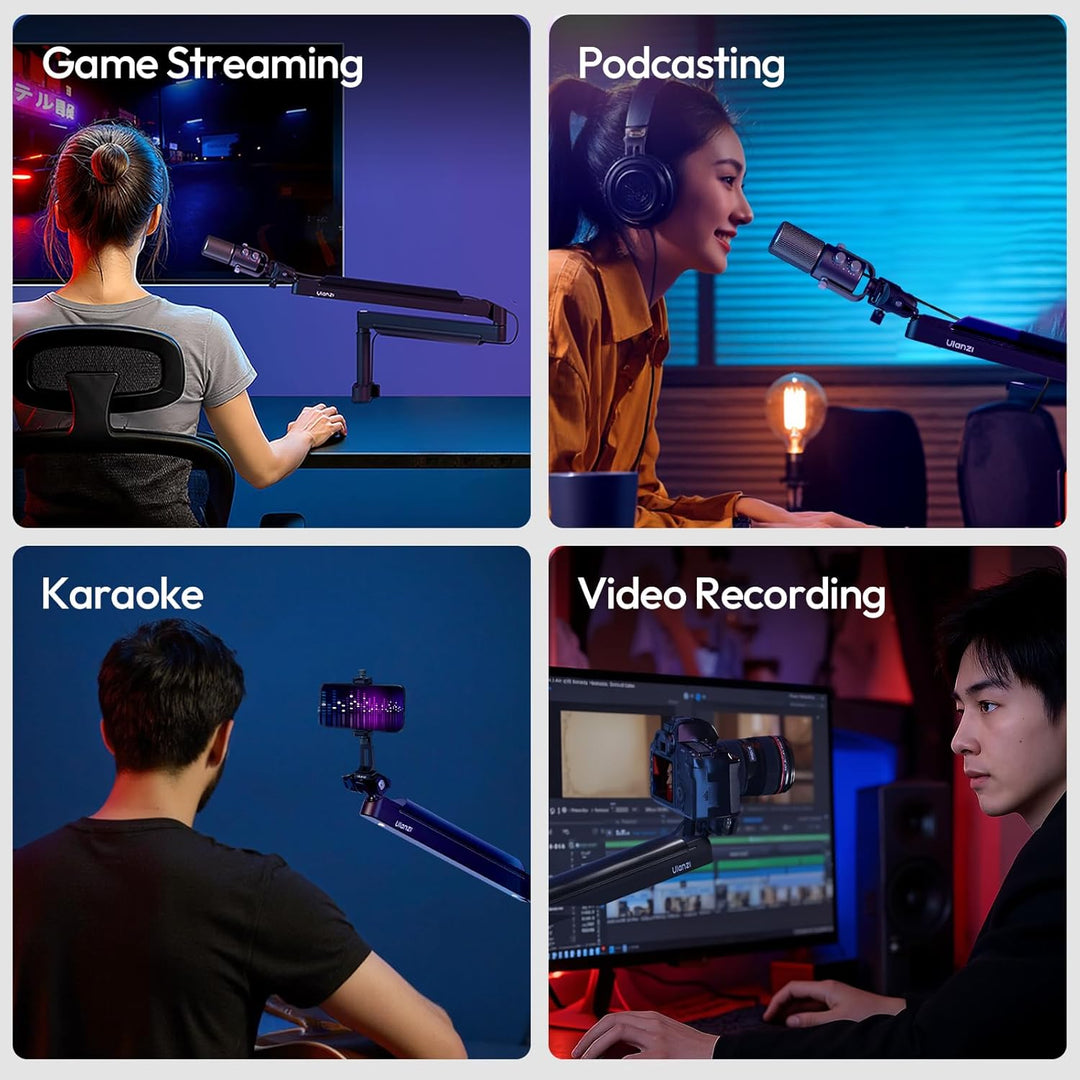 Collage of four scenes labeled 'Game Streaming', 'Podcasting', 'Karaoke', and 'Video Recording' with people engaged in respective activities.