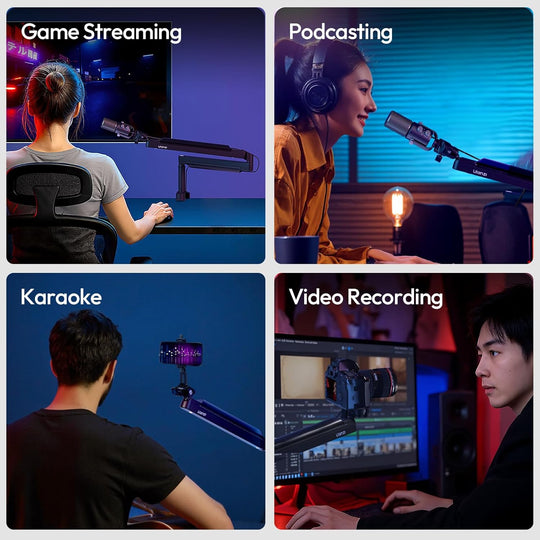 Collage of four scenes labeled 'Game Streaming', 'Podcasting', 'Karaoke', and 'Video Recording' with people engaged in respective activities.