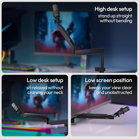 Gaming setup with adjustable monitor stand showing different positions.