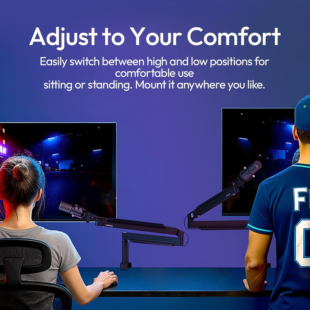 Two people using a Microphone Boom Arm with text 'Adjust to Your Comfort' on a blue background.