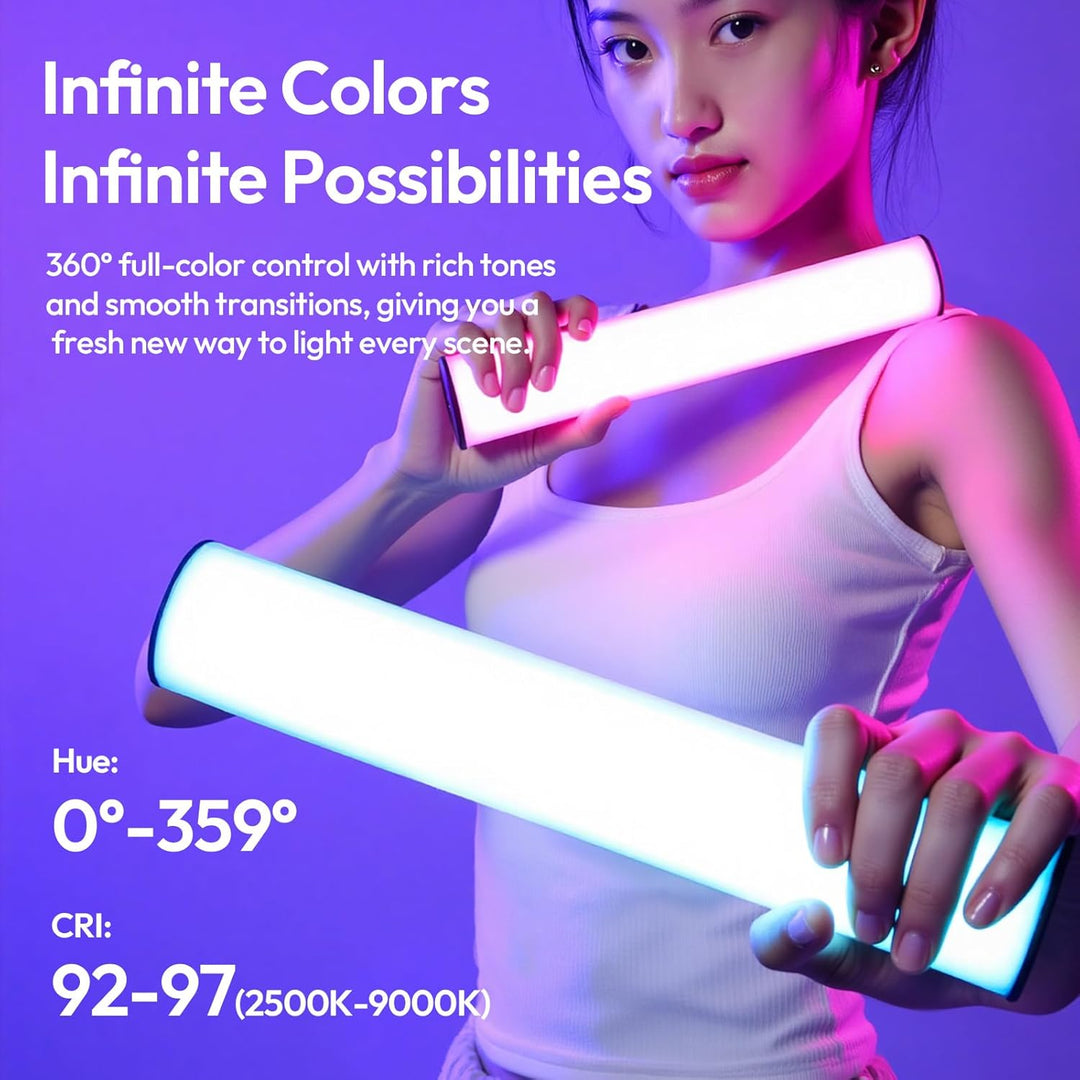 Person holding a light bar with text about color control and possibilities on a purple background